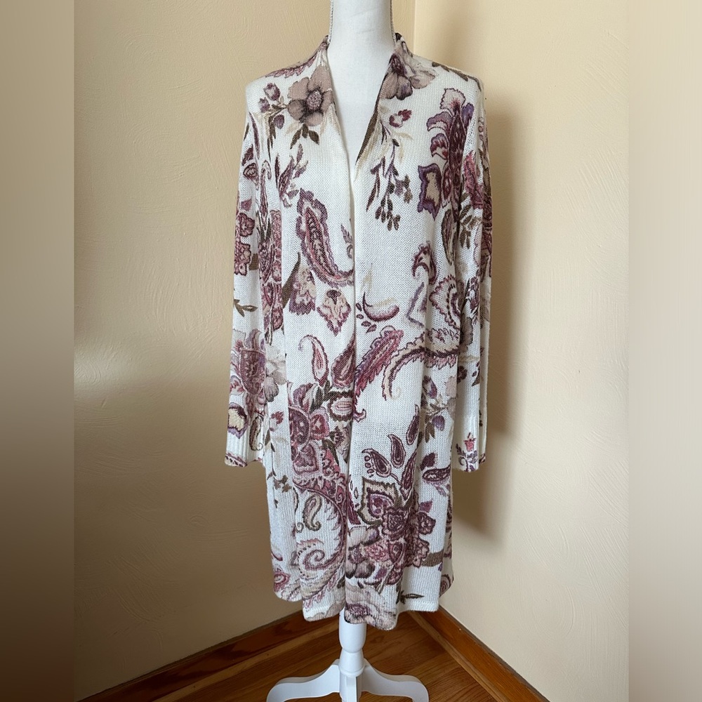 Chico's Ivory Floral Paisley Long Sleeve - Open Cardigan Sweater